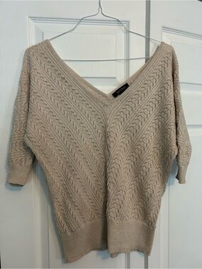White House Black Market Cream Open-Stitch V-Neck Sweater medium